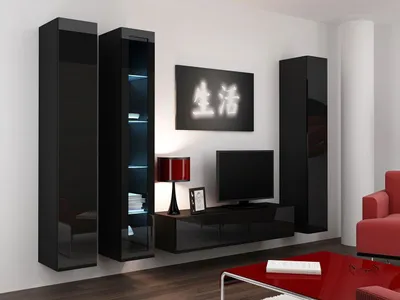 Obrázek produktu pro Obývací stěna s LED bílým osvětlením ASHTON 15 - černá / lesklá černá