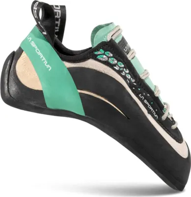 Schnür-Kletterschuh "Miura Woman" von La Sportiva; schwarz mit mintgrünen Akzenten; seitliche Ansicht.