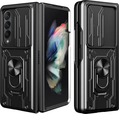 Immagine prodotto di Custodia per Samsung Galaxy Z Fold 4 5G, robusta custodia antiurto con protezione fotocamera scorrevole e supporto ad anello nero