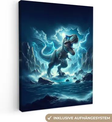 Produktbild von MuchoWow® - Leinwandbilder - Dino - Blau - Jungen, Wandbild, Wanddeko Bilder Wohnzimmer, 90x120 cm