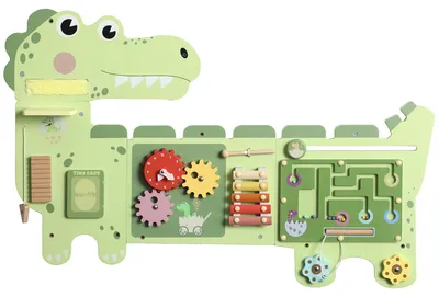 Produktbild von Montessori Motorikbrett Holz Busy Board Dinosaurier Wandmontiertes mit Xylophon Uhr Zahnrädern Klangstäbe