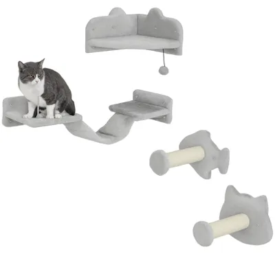 Produktbild von Kletterwand Katzen 4-teilig mit Kratzbäumen Set bis 5 kg Hellgrau