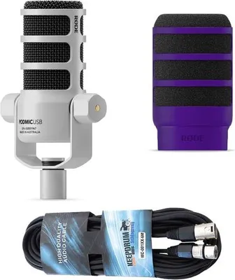 Produktbild von Rode Mikrofon Podmic USB Weiss mit WS14PU Popschutz Lila und Kabel