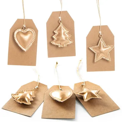 Produktbild von 6 Kraftpapieretiketten mit Metallanhänger Herz Stern Baum braun gold