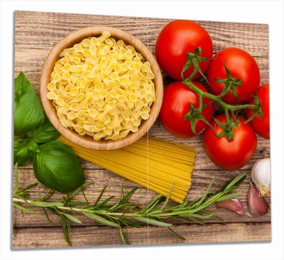 Produktbild von Wallario Herdabdeckplatte aus Glas, Größe 60 x 52 cm 2-teilig, Motiv Spaghetti mit Tomaten, Knoblauch und Basilikum