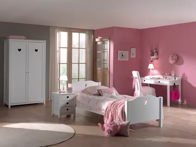 Produktbild von Einzelbett Nachtkonsole Kleiderschrank und Schreibtisch Set Amori MDF Weiß