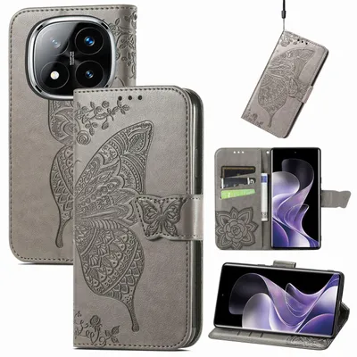 Produktbild von Für Xiaomi Redmi Note 14 Pro 5G Kunstleder Wallet Handy Tasche Schmetterling Design Hülle Etuis Grau