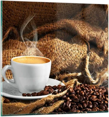 Produktbild von Bilder auf glas - Cappuccino Tasse Körner Beutel - 50x50cm - Glasbilder - Wandbilder - Kunstdruck - zum Aufhängen bereit - Wanddekoration aus Glas - Glas Bilder - Wandbild auf Glas - GAC50x50-2383