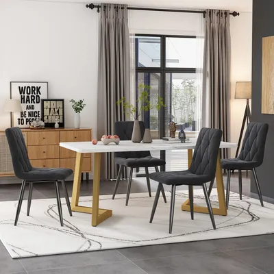 Produktbild von Flieks Sitzgruppe Essgruppe 5-tlg, Esstisch mit 4 Stühlen, Küchentischset Polsterstühle mit Samtbezug, Rechteckig Esstisch mit Golden Metallbeinen, Grau