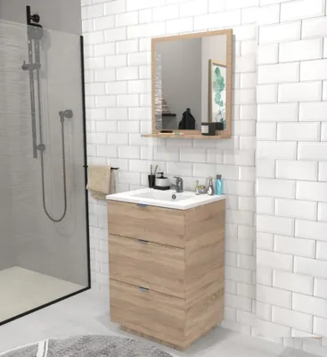 Produktbild von Waschbeckenunterschrank mit 3 Schubladen MARBELLA 60 cm + Waschbecken / Eiche gebleicht