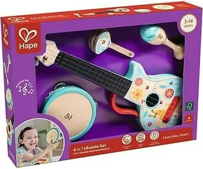 Produktbild von HAPE 4-in-1 Holz Musikset mit Tamburin, Maracas, Gitarre, Rassel; inkl. Notensatz