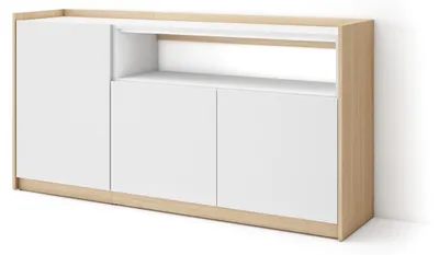 Produktbild von Sideboard, Highboard, 156x37x80cm, 3 Türen, Wohnzimmer, Küche, Weiß und Eiche Soft