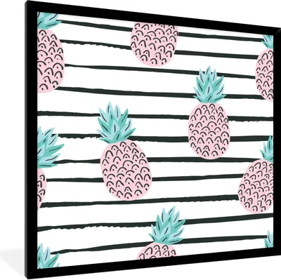 Produktbild von MuchoWow® Gerahmtes Poster Sommer - Ananas - Streifen 40x40 cm - Poster mit Schwarzem Bilderrahmen Wandposter Rahmen Foto Bilder - Mit Rahmen - Wanddekoration Schlafzimmer