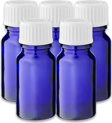 Produktbild von 5x Blaue Glasflasche 10 ml mit weißem Kunststoff-Schraubverschluss Set