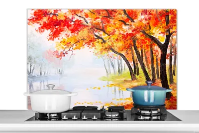 Produktbild von KitchenYeah®  Spritzschutz Küche - Küchenrückwand - Wandschutz für Herd und Spüle - Gemälde - Herbst - Bäume - Wasser - Ölfarbe 100x65 - Alu-Dibond (Alternative zum Spritzschutz aus Glas) - Hitzebestä