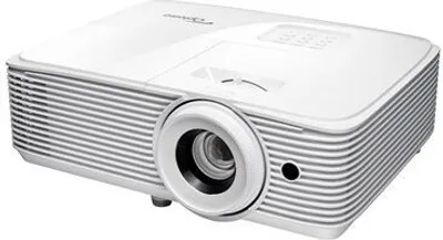 A white projector is shown from a three-quarter angle against a white background.