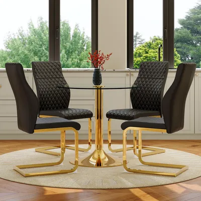Produktbild von Tisch-Stuhl-Set, Glastisch Ø85cm, Metallstütze, 4 Drehstühle Polyurethan(Black+Gold,Transparent)