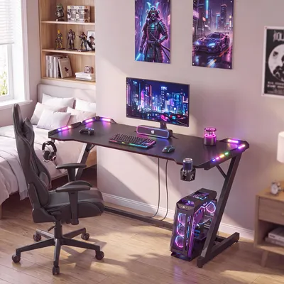 Obrázek produktu pro VASAGLE Herní stůl s RGB LED osvětlením, rám ve tvaru písmene "Z", počítačový stůl, rozměry 140 x 60 x 76 cm, černá barva