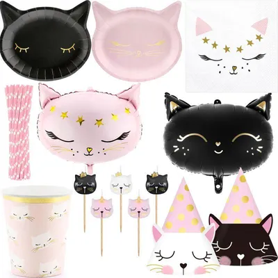 Produktbild von Katzen Partyset schwarz Rosa Kindergeburtstag Deko Geburtstag
