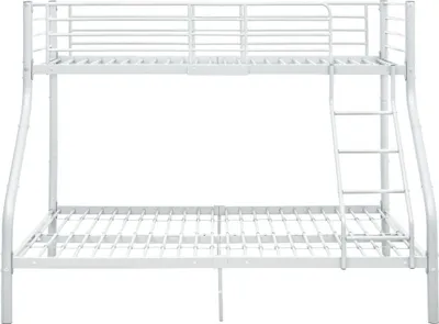 A white metal bunk bed frame against a white background.