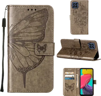 Produktbild von Galaxy M53 5G Hülle, Schmetterling Prägung Flip Leder Kartenfächer Schutzhülle Ledertasche mit Ständer für Samsung Galaxy M53 5G Grau