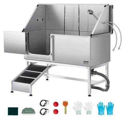 Obrázek produktu pro Nerezová mycí stanice pro psy VEVOR, 1500x700x1495 mm, vana pro péči o zvířata s rampou, PE filtrační deskou, kohoutkem, sprchovou hlavicí a držákem mýdla, pro velká, střední a malá zvířata (levé dveře)