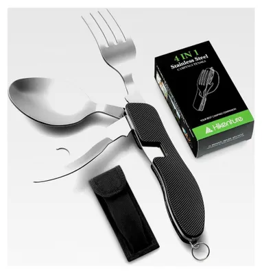 Produktbild von Outdoor Campingbesteck Set - Klappbesteck aus Edelstahl mit Gürteltasche - Messer, Gabel, Löffel und Flaschenöffner Set - für Camping und Outdoor (Grün Schwarz Blau Rot)