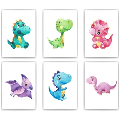 Produktbild von Dinosaurier 6er Set Kinderzimmer Bilder DIN A4 Wandbilder Deko Babyzimmer Dino Poster