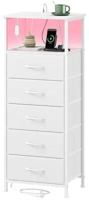Obrázek produktu pro Komoda se zásuvkami a zásuvkou, s LED osvětlením, zásuvkou, USB-C portem, 5 zásuvkami potaženými látkou, bílá koženka, rozměry 30x40x101 cm