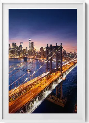 Produktbild von New York - Sonnenuntergang über Manhattan– Wandbild mit Rahmen – Gerahmtes Bild  – Wanddekoration – 70x100 cm –  Weiß Rahmen