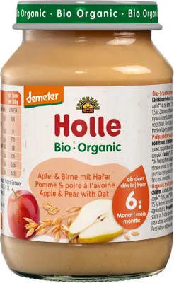 Produktbild von APFEL – BIRNE MIT HAFERFLOCKEN, OHNE ZUCKERZUSATZ, AB DEM 6. MONAT, DEMETER , 190 g (GLAS) – HOLLE