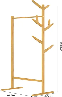 Zdjęcie produktu dla Bambusowy wieszak na ubrania i stojak na płaszcze, 2 w 1, 163 x 66 x 40 cm