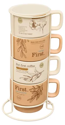 Zdjęcie produktu dla Zestaw 4 kubków WELLNESS na stojaku, porcelana, 220 ml