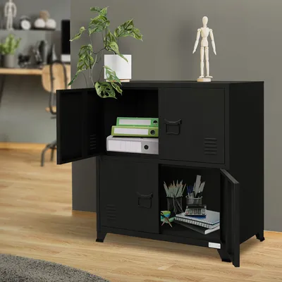 A black metal cabinet with two doors on the top and two doors on the bottom, filled with office supplies and binders. A plant sits on top of the cabinet.