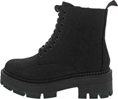 A black denim combat boot with a thick platform sole is shown from the side against a white background.