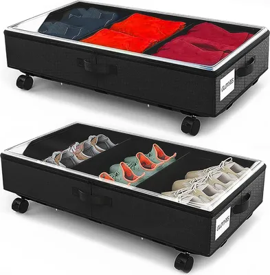 Produktbild von Set aus 2 Kleideraufbewahrungsboxen mit Rollen - Metallrahmen - Transparentes Sichtfenster - Faltbar - Unterbett Aufbewahrungsbox für Schuhe - Decken - Spielzeug - Schwarz