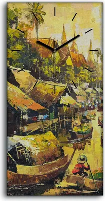 Produktbild von Wanduhr Bürouhr Leinwand Bild 30x60 Gemälde Fluss Boote Dorf Bäume Himmel - schwarze Hände
