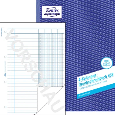 Produktbild von Avery Zweckform 452, Kolonnen-Durchschreibbuch, 4 Kolonnen, A4, mit Blaupapier, 2x50 Blatt