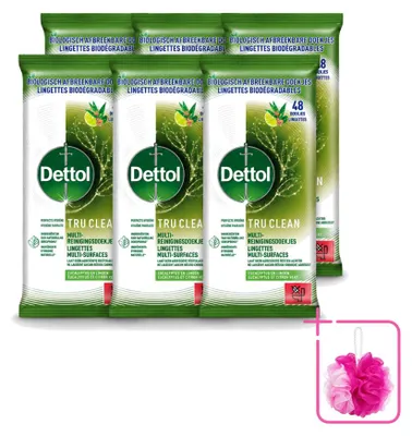Imagen del producto de 6 toallitas multiuso Dettol Tru Clean, aroma de eucalipto y lima, biodegradables, pack ahorro, 6 unidades