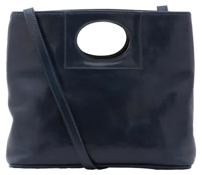 Imagen del producto de Bolso de hombro para hombre, de cuero genuino, forma redonda, con cierre magnético. Fabricado en Italia