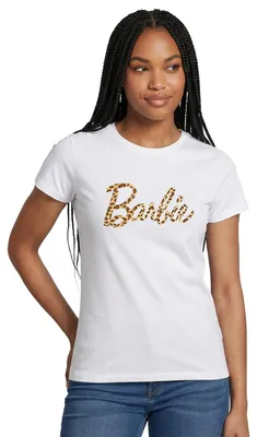 Produktbild von Spreadshirt Barbie Leo-Print Logo Frauen T-Shirt, M, Weiß