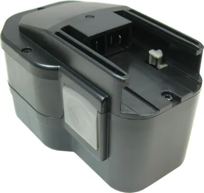 A black power tool battery pack shown from a three-quarter angle against a white background.