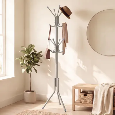 Obrázek produktu pro SONGMICS Volně stojící věšák na oblečení s 16 háčky, ocelový věšák na bundy, rozměry 48 x 43 x 175 cm, barva: béžová