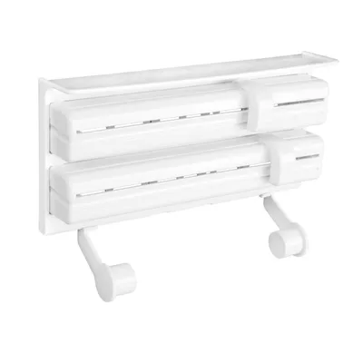 Produktbild von 3in1 Küchenrollenhalter für Alufolie Frischhaltefolie Küchenrolle Weiß Wandrollenhalter mit Folienschneider Rollenhalter mit praktischem Schneidabroller