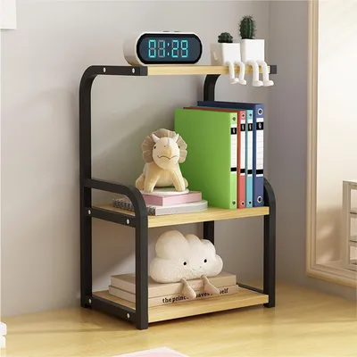 Image de Étagère de bureau en métal, 3 niveaux, noire/noyer, 33 cm