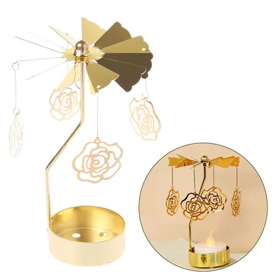 Produktbild von Drehbarer Kerzenhalter, Teelicht-Rotationsständer, Windlicht-Rotationshalter, goldener drehbarer Teelichthalter mit Rose für Tischdekoration (Rose)