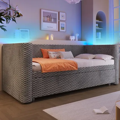 Produktbild von STILVORA Polsterbett 90 × 200 cm, Schlafsofa mit Ausziehbett 90 × 200 cm, Daybett mit LED-Lichtleiste, Lattenrost, Samt, Grau