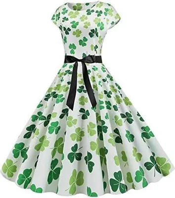 Produktbild von St. Patricks Day Kleider für Damen, Kleeblatt-Druck, Vintage-Swing, langärmlig, ausgestelltes Kleid, tailliertes irisches Mittelalterkleid