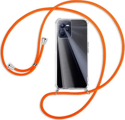 Produktbild von Handykette Backcover-Schutzhülle mit Band (Metall silberfarben) für Realme C35 - neonorange