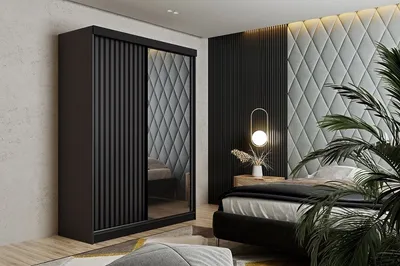 Produktbild von FurMeb24 Schiebetrenschrank MELANI-138x200cm Kleiderschrank mit Spiegel, 2-triger Schiebeschrank , Lamellen, (Anthrazit Graphit + Schwarze Eins€tze)